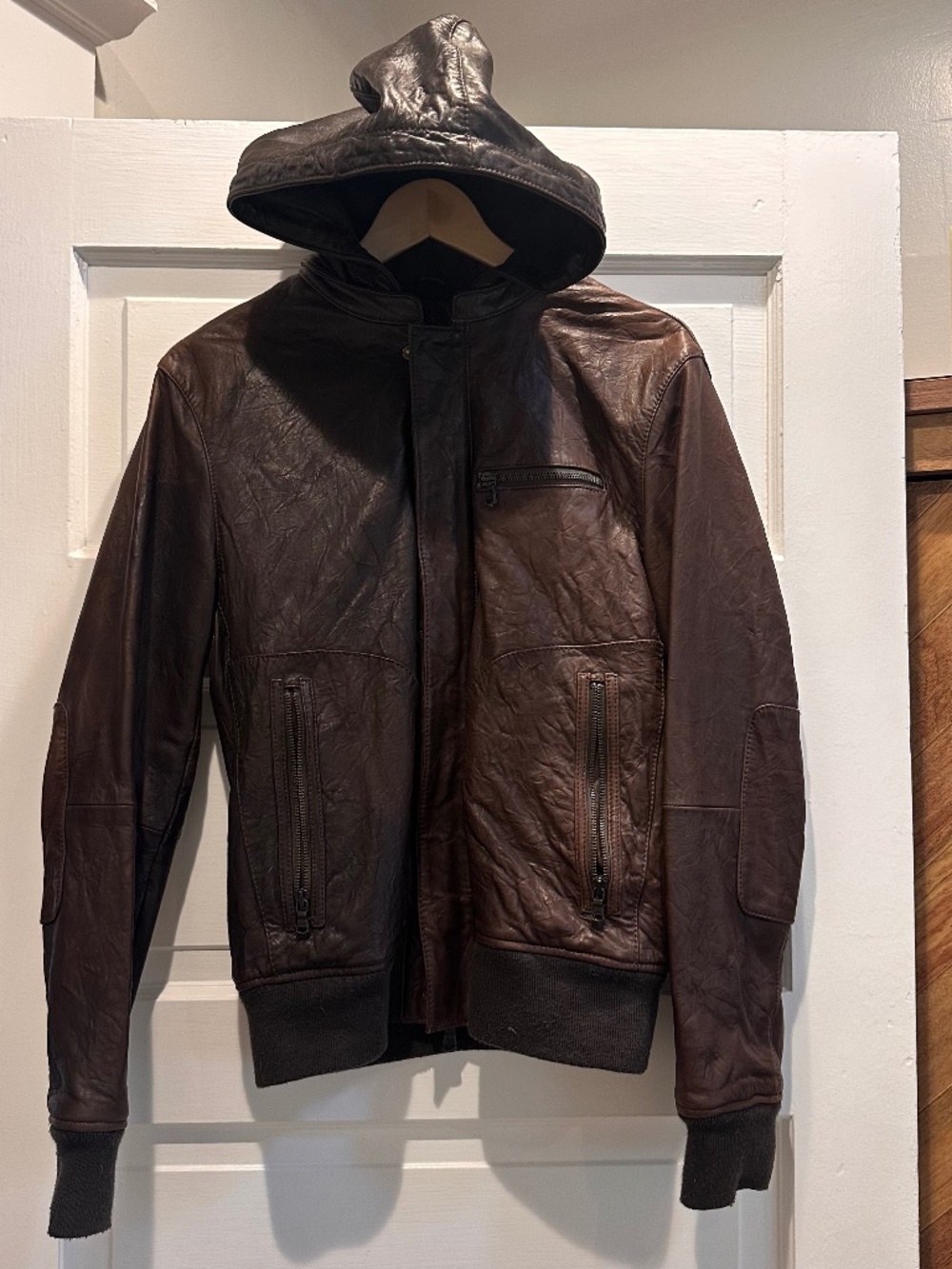 John Varvatos Leather Hooded Jacket Size Medium